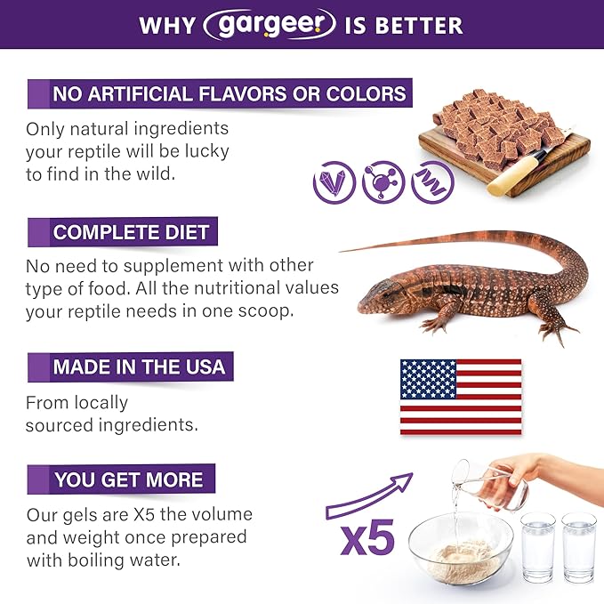 3oz Tegu Lizard Food. Complete Gel Diet for Both Juveniles and Adults. Proudly Made in The USA, Using Premium Ingredients, Fortified Gourmet Formula. Enjoy! Gargeer