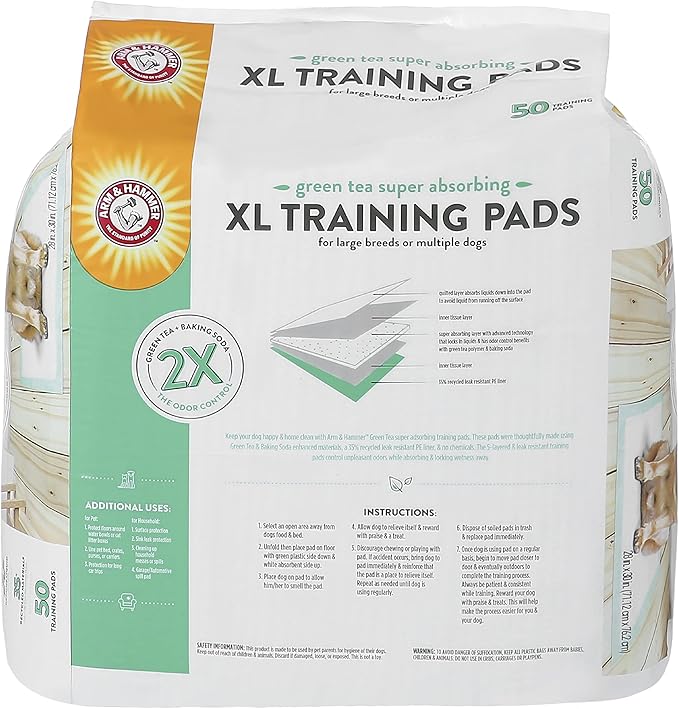 Arm & Hammer Green Tea Pet Training Pads 50-Ct Dog Training Pads with Super Absorbing Green Tea and Arm & Hammer Baking Soda for 2X The Odor Control Leakproof & Recycled Training Pads, XL (Pack of 1) - PAWPICO
