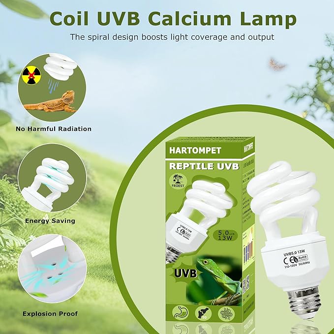 5.0 UVB Reptile Light 13W, Compact Tropical Terrarium Lamp, Coil UVB Fluorescent Bulb for Rainforest Reptiles – Light for Crowned Chameleons, Green Iguanas, Tree Frogs, Ball Pythons HARTOMPET