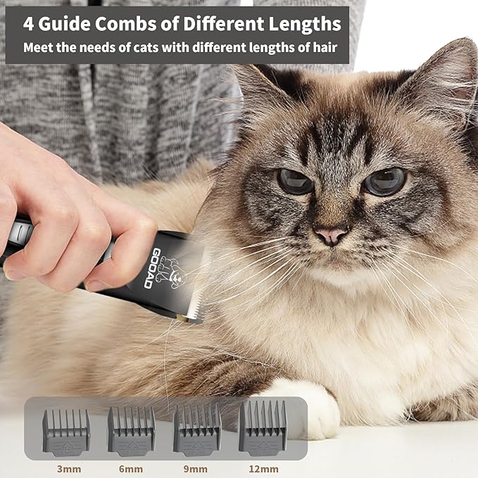 Cat Clippers for Matted Hair, Cat Grooming Kit, Cordless Cat Shaver for Long Hair, Low Noise Paw Trimmer, Cat Hair Trimmer for Grooming,Quiet Pet Hair Clippers Tools for Cats Dogs (Black) - PAWPICO