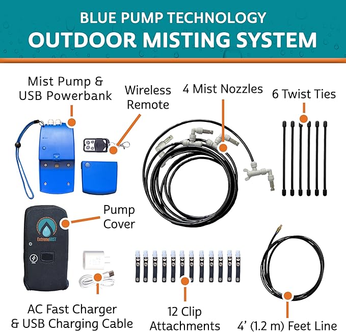 EXTREMEMIST Portable Misting System - 4 Mist Nozzles | Easy to Setup | 16 ft. Mist Line for Outdoor Patios, Golf Carts, Greenhouses, Canopy, Decks & More - Cools The air up to 30°F (17°C)! ExtremeMist