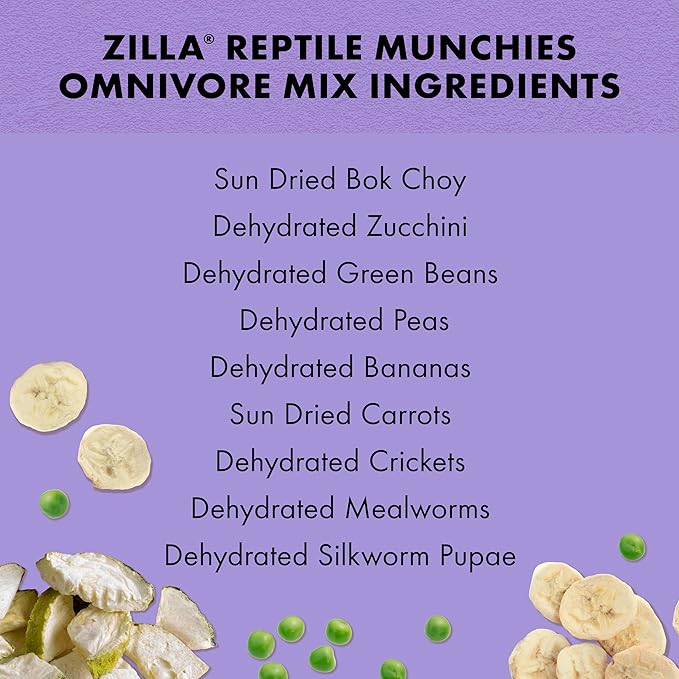 Zilla Reptile Munchies, Omnivore Mix, Dehydrated and Sun Dried Vegetables and Insects, Natural Ingredients, Resealable Bag 4 oz. Zilla