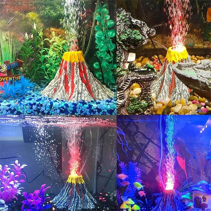 LED Aquarium Bubble Light with Air Pump, Aquarium Volcano Ornament Kit, Fish Tank Oxygenation with 6 LEDs Waterproof Volcanic Decoration Auiaerty