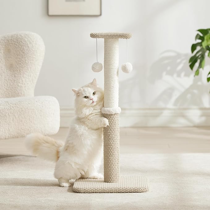 Lesure 29" Tall Cat Scratching Post - Premium Sisal Rope Highly Resistant Carpet Scratching Posts for Indoor Cats Adults, Sturdy Large Cat Scratch Pole with Hanging Ball, Beige - PAWPICO
