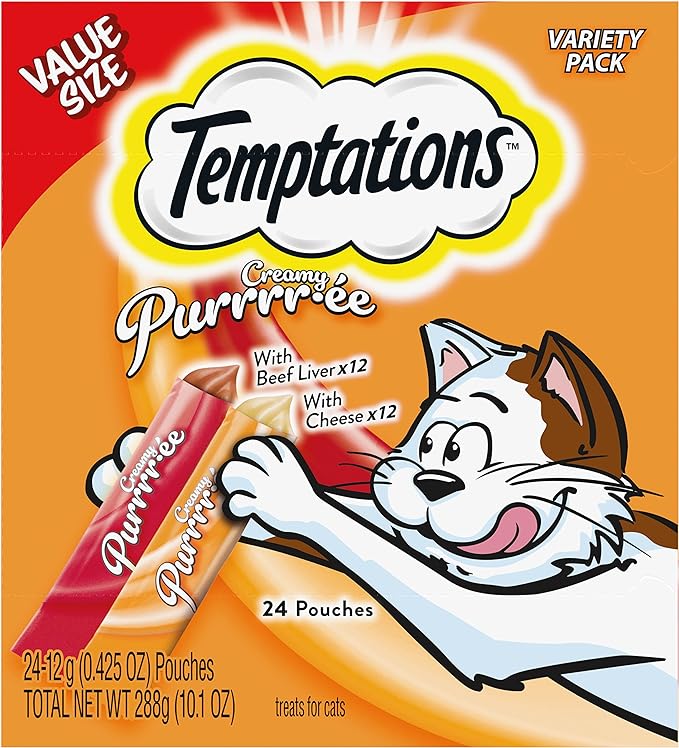 Temptations Creamy Puree with Beef Liver and Cheese, Variety Pack of Lickable, Squeezable Cat Treats, 0.42 oz Pouches, 24 Count Temptations
