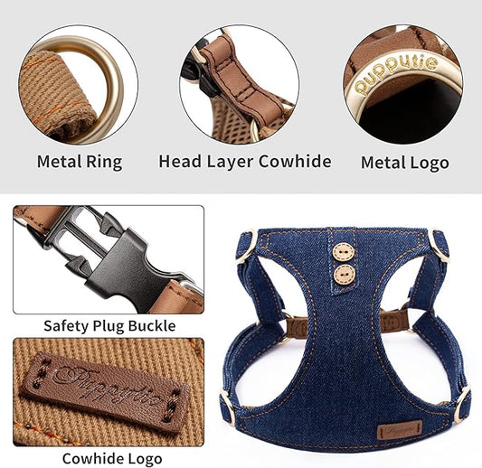 No Pull Dog Harness with Multifunction Dog Leash,Soft Adjustable No Choke Escape Proof Pet Harness Vest for Medium Dogs or Large Dogs,Denim Blue,L Puppytie