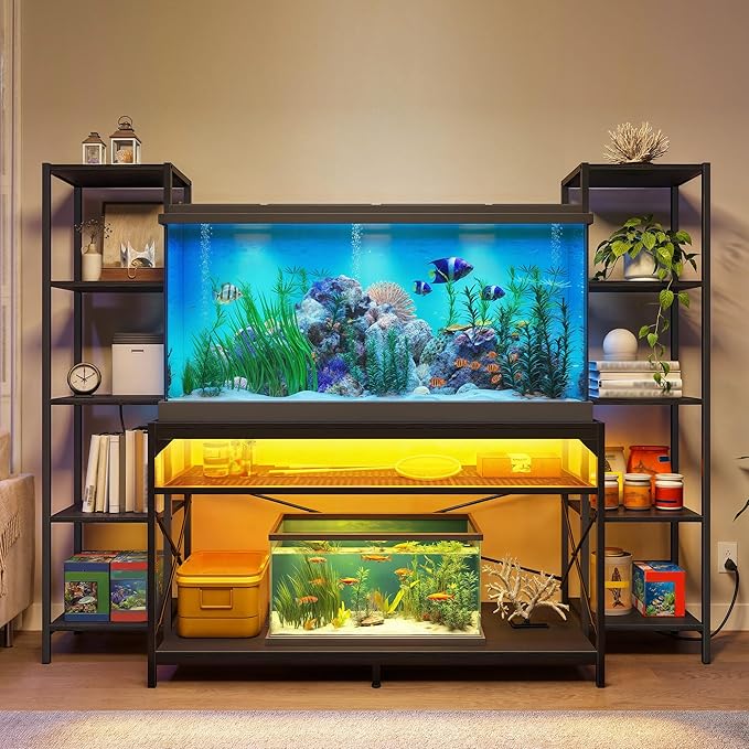 DWVO 55-75 Gallon Aquarium Stand with Power Outlets & LED Light, Display Stand for Turtle Tank, Reptile Terrarium, Heavy Duty Metal Fish Tank Stand Suitable for Living Room, Entryway, 860LBS Capacity DWVO