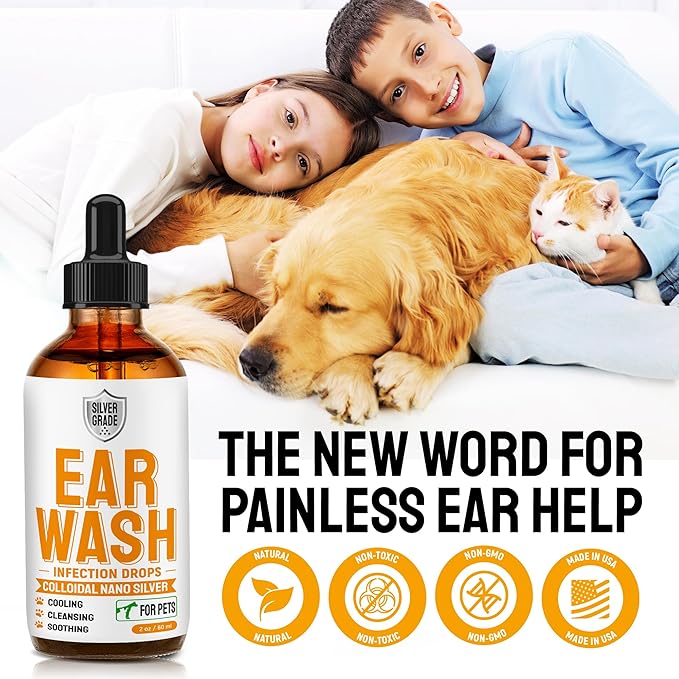 Dog Ear Infection Treatment + Colloidal Silver ● Ear Infection Treatment for Dogs & Cats ● Drops for Irritations, Itch, Odors, & Cat and Dog Ear Infection ● Silver Ear Wash for Different Pets ● 2 Oz SilverGrade