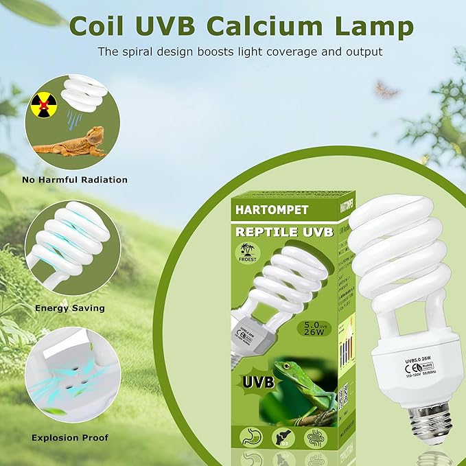 5.0 UVB Reptile Light 26W, Compact Tropical Terrarium Lamp, Coil UVB Fluorescent Bulbs for Chameleons, Iguanas, Turtles, Rainforest Reptile Tanks, Pet Terrariums, Reptile Habitat Tank HARTOMPET