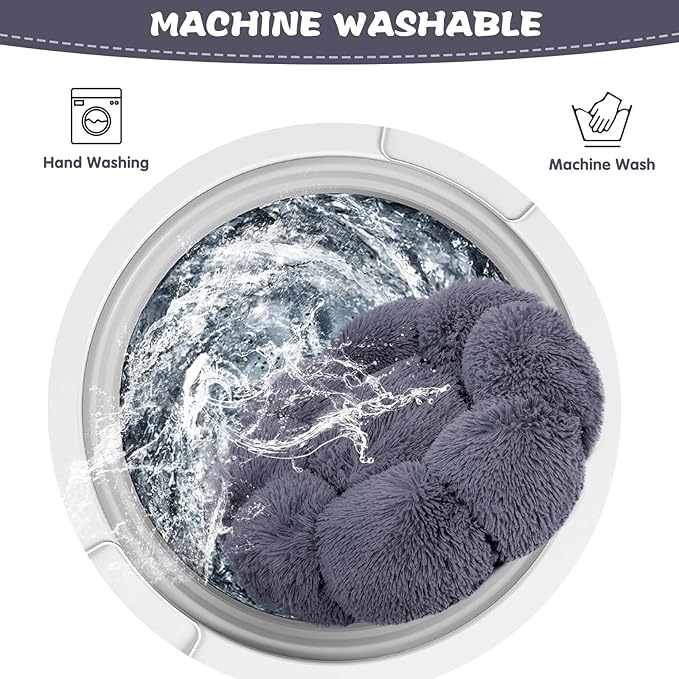 Cat Bed Cute, 23.6" Washable Grey Donut Bed for Indoor Cats and Small Dogs, Soft Cute Flower Fluffy Round Donut Cat Beds, Anti Anxiety Pet Bed, Self-Warming Bed, Dark Grey - PAWPICO