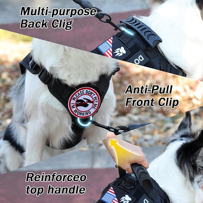 No Pull Tactical Dog Harness for Large Dogs, Escape Proof Molle Dog Vest Harness and Leash Set, Adjustable Military Service Dog Harness with Handle for Medium Large Dogs(Black,Large) Yungaspy