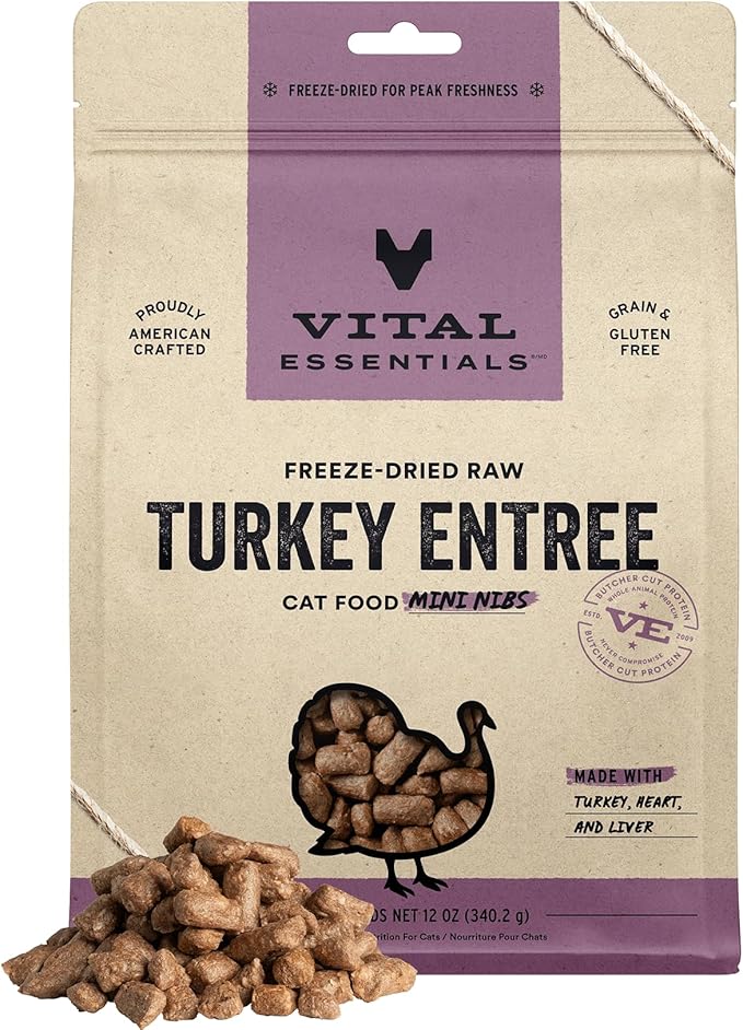 Vital Essentials Freeze Dried Raw Cat Food, Turkey Mini Nibs Entree, 12 oz VitalEssentials