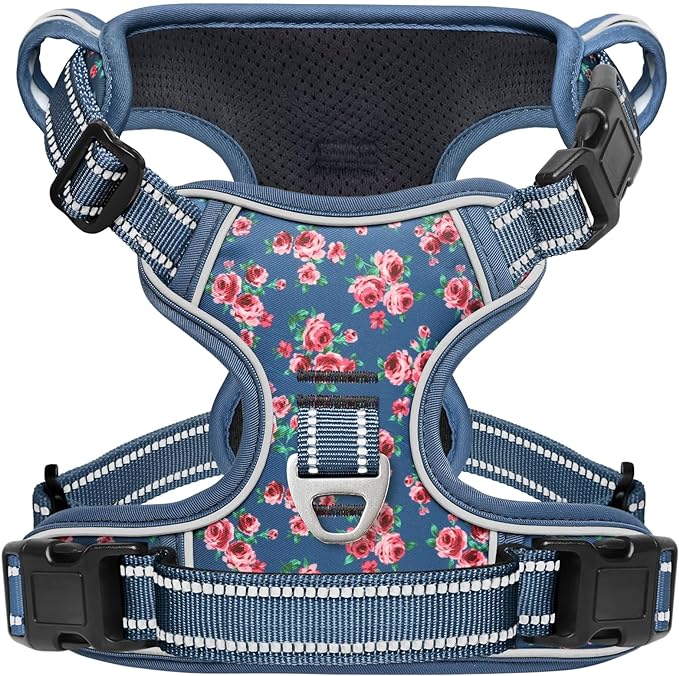 Timos Dog Harness for Medium Dog, No Pull Service Vest with Reflective Strips and Control Handle,No Choke Dog Harness with 2 Metal Rings for Easy Walking,Outdoor Training,Flower Blue, M Timos