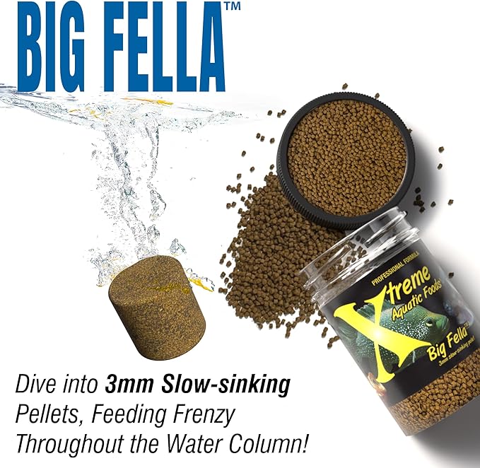 Xtreme Big Fella 3.0mm Pellets: Professional Nutrition for Medium to Large Cichlid/Community Fish - Boost Immune & Digestive Health, Color & Energy, Max Protein Fish Food – USA Farm Grown (9oz) XtremeAquaticFoods