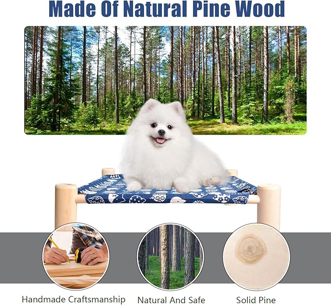 Cat/Dog Bed,Wooden Pet Hammock Bed,Elevated Breathable Dog Bed, Detachable Portable Indoor/Outdoor Cat Beds&Furniture,Suitable for Kitty,Puppy,Bunny and Small Animal(Blue Cats) - PAWPICO