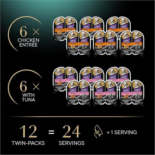 Sheba Perfect Portions Wet Cat Food Pate Savory Chicken Entree and With Sustainable Salmon Variety Pack, 2.6 oz., Twin-Pack Trays (6 Count, 12 Servings) (Pack of 2) - PAWPICO
