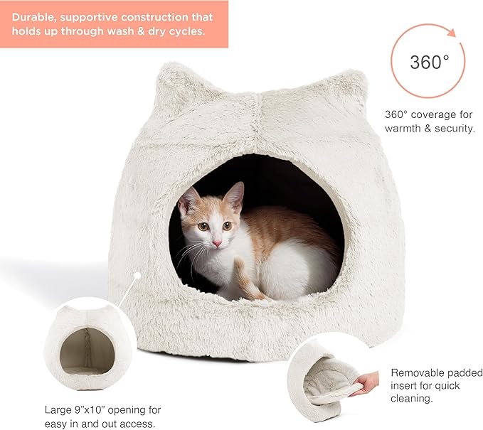 Best Friends by Sheri Meow Hut in Fur Cover Dome Cat and Dog Bed, Ivory, Small - PAWPICO
