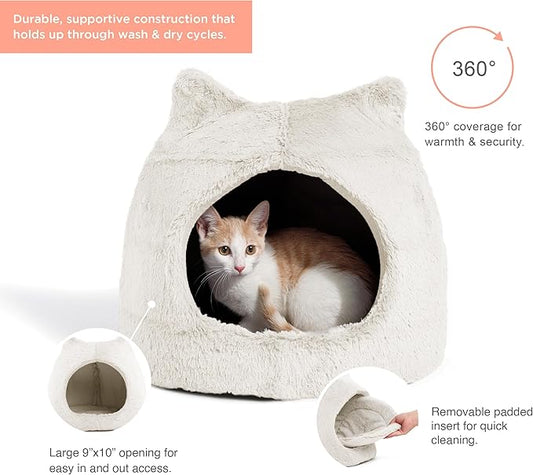 Best Friends by Sheri Meow Hut in Fur Cover Dome Cat and Dog Bed, Ivory, Small - PAWPICO