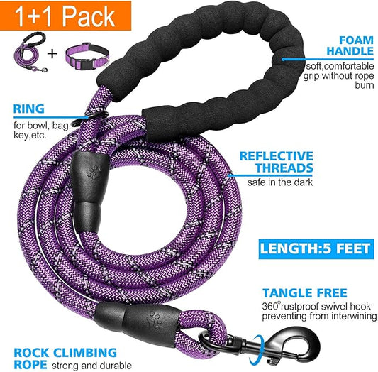 Reflective Dog Collar Padded with Soft Neoprene Breathable Adjustable Nylon Dog Collars for Small Medium Large Dogs (Medium (Pack of 1), Purple Collar+Leash) ladoogo
