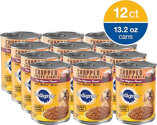PEDIGREE CHOPPED GROUND DINNER Adult Canned Soft Wet Dog Food, Filet Mignon Flavor, 13.2 oz. Cans (Pack of 12) - PAWPICO