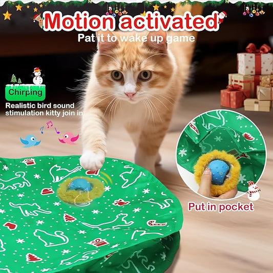 Interactive Cat Toys Ball Fast Rolling in Christmas Pocket, Motion Activate Chirping Cat Toy Hide and Seek Mouse Catching Game (Christmas Party) - PAWPICO