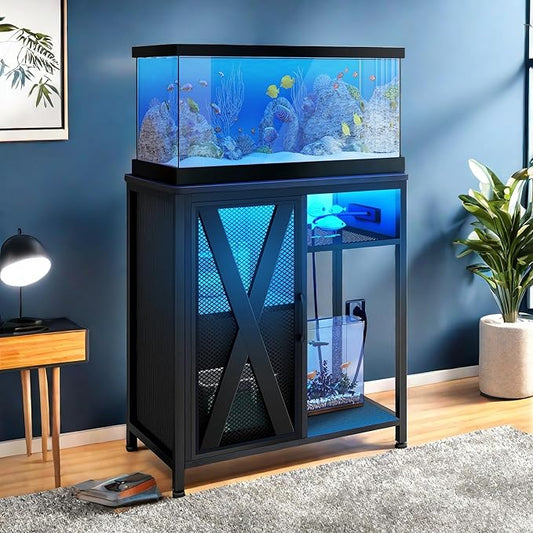 YITAHOME Fish Tank Stand with Power Outlets & LED Light, 20-29 Gallon Metal Aquarium Stand with Cabinet for Fish Tank Accessories Storage for Turtle Tank, Reptile Terrarium, 350LBS Capacity, Black YITAHOME