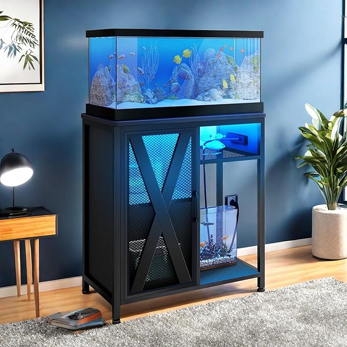 YITAHOME Fish Tank Stand with Power Outlets & LED Light, 20-29 Gallon Metal Aquarium Stand with Cabinet for Fish Tank Accessories Storage for Turtle Tank, Reptile Terrarium, 350LBS Capacity, Black YITAHOME