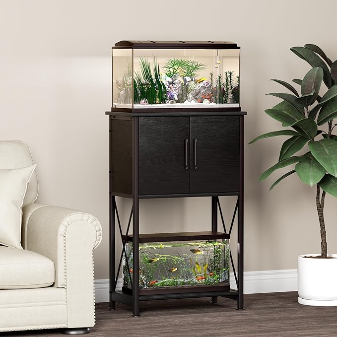 5-10 Gallon Fish Tank Stand, Metal Double Aquarium Stand with Cabinet for Fish Tank Accessories Storage, Heavy Duty 20.5" L* 11.02" W Tabletop, 500LBS Capacity Black PG06YGB Herture