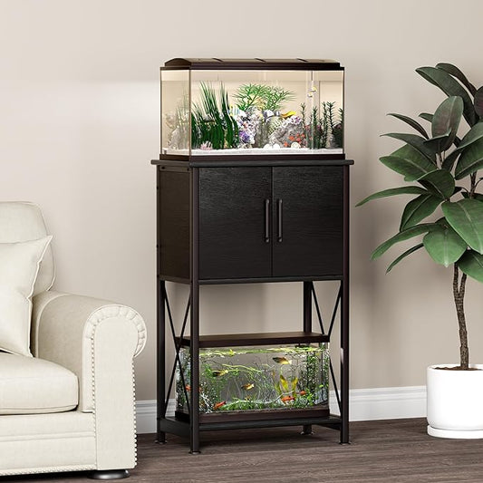 5-10 Gallon Fish Tank Stand, Metal Double Aquarium Stand with Cabinet for Fish Tank Accessories Storage, Heavy Duty 20.5" L* 11.02" W Tabletop, 500LBS Capacity Black PG06YGB Herture