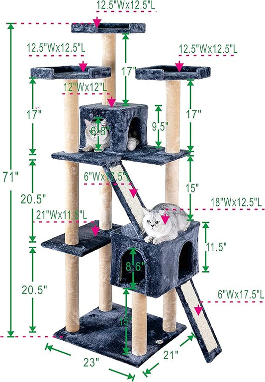 Go Pet Club Everyday Value 71in Cat Tree Kitty Tower Kitten with Dual Condos and Double Scratching Boards Indoor Cat Activity Center Furniture, Gray/Beige - PAWPICO