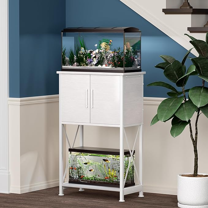 5-10 Gallon Fish Tank Stand, Metal Double Aquarium Stand with Cabinet for Fish Tank Accessories Storage, Heavy Duty 20.5" L* 11.02" W Tabletop, 500LBS Capacity White PG06YGW Herture