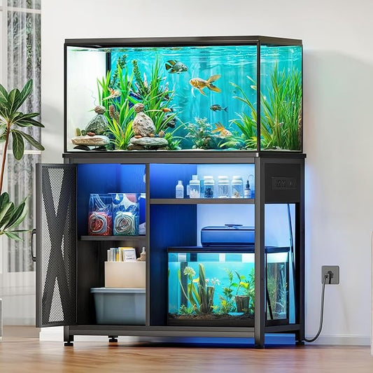 YITAHOME Fish Tank Stand with Power Outlets & LED Light, 40-50 Gallon Metal Aquarium Stand with Cabinet for Fish Tank Accessories Storage for Turtle Tank, Reptile Terrarium, 660LBS Capacity, Black YITAHOME