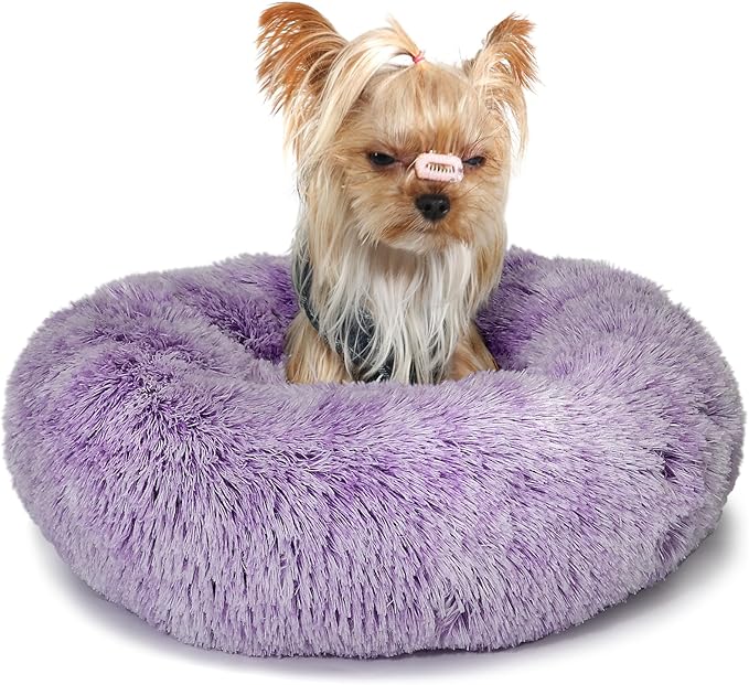 Purple and White Cat Bed for Indoor Cats Washable 15 inches Donut Soft Small Pet Bed,Calming Anti Anxiety Round Fits up to 5 lbs Warm Comfort Kitten Bed Indoor - PAWPICO