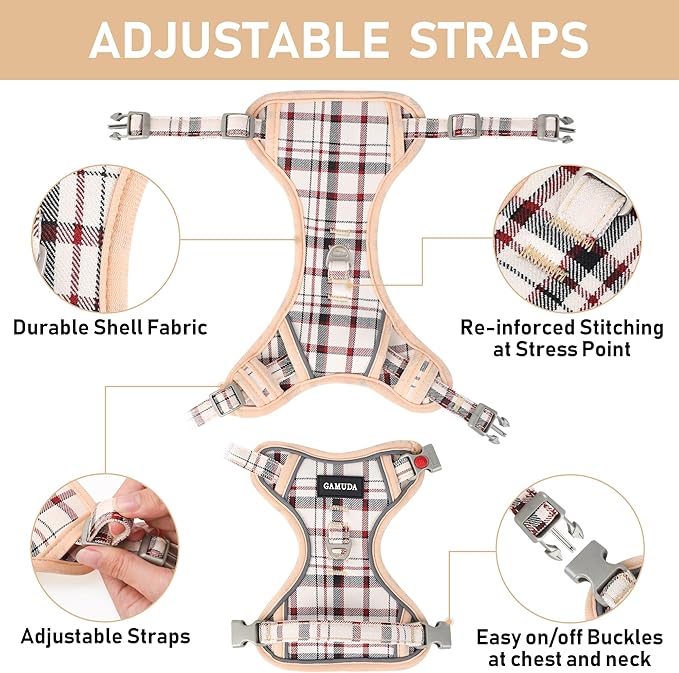 GAMUDA Dog Harness Collar and Leash Set, Dog Harness, No Chock No Pull Adjustable Vest Harnesses Plaid Reflective for Medium Dog, Cat, Small Horse, Small Bull and Pig (Beige, S) GAMUDACollarsCollection