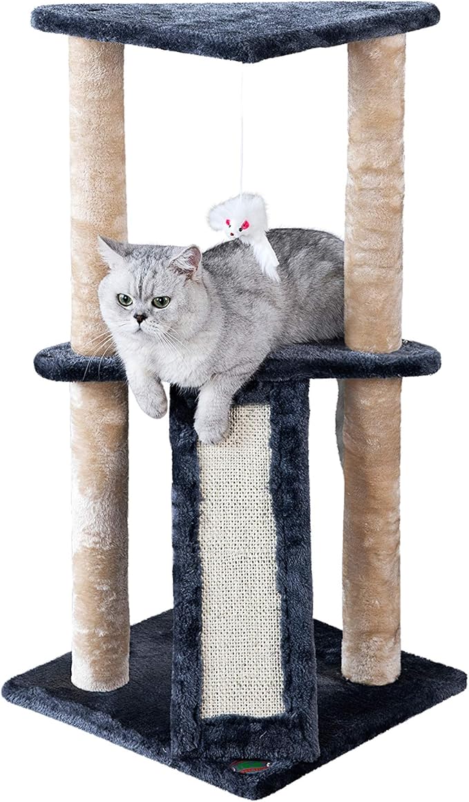 Go Pet Club Everyday Value 35in Corner Cat Tree Kitty Scratcher Tower Kitten Condo House Furniture with Scratching Board & Hanging Toys for Indoor Cats, Gray/Beige - PAWPICO