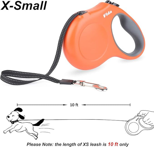 Fida Retractable Dog Leash, 10ft Heavy Duty Pet Walking Leash for X-Small Dogs or Cat up to 18 lbs, Tangle Free. One-Hand Brake (X-Small, Orange) Fida