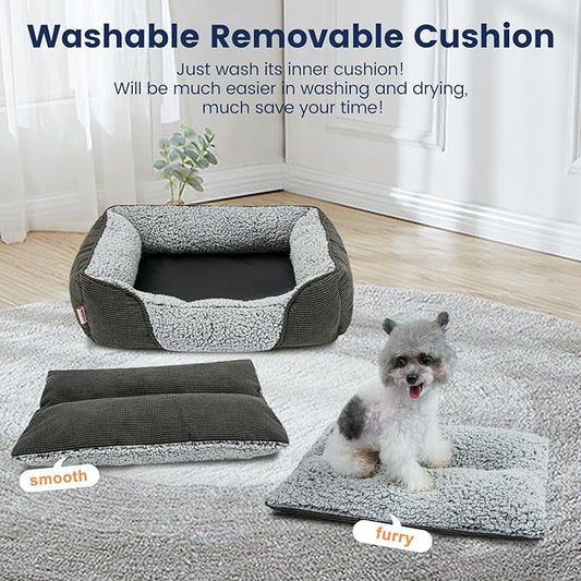 Miguel Washable Cat Beds for Indoor Cats with Removable Cushion, Easy to Wash Small Pet Sofa Bed with Side, Rectangle Bolster Kitten Bed Calming Cuddle Puppy Bed with Anti-Slip Bottom, Gray 18 Inch - PAWPICO