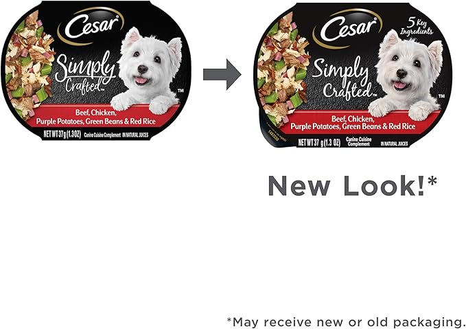 CESAR SIMPLY CRAFTED Adult Soft Wet Dog Food Meal Topper Beef, Chicken, Purple Potatoes, Green Beans & Red Rice, 1.3 oz. Tubs, (Pack of 10) - PAWPICO