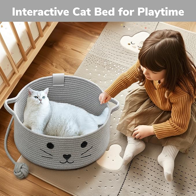 Cat Beds for Indoor Cats, Warm Soft Pet Bed Washable, Cute Cat Bed With Playing Rope Ball, Pet Gift Basket for Cat, Dog-15.7" L×5.9" H, Grey - PAWPICO