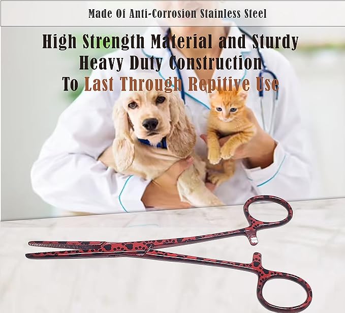 Dog Pet Ear/Nose Hair Puller Grooming Hemostat Locking Forceps Pliers, 5.5" (14cm), Straight (Red Paws) A2Z+SCILAB