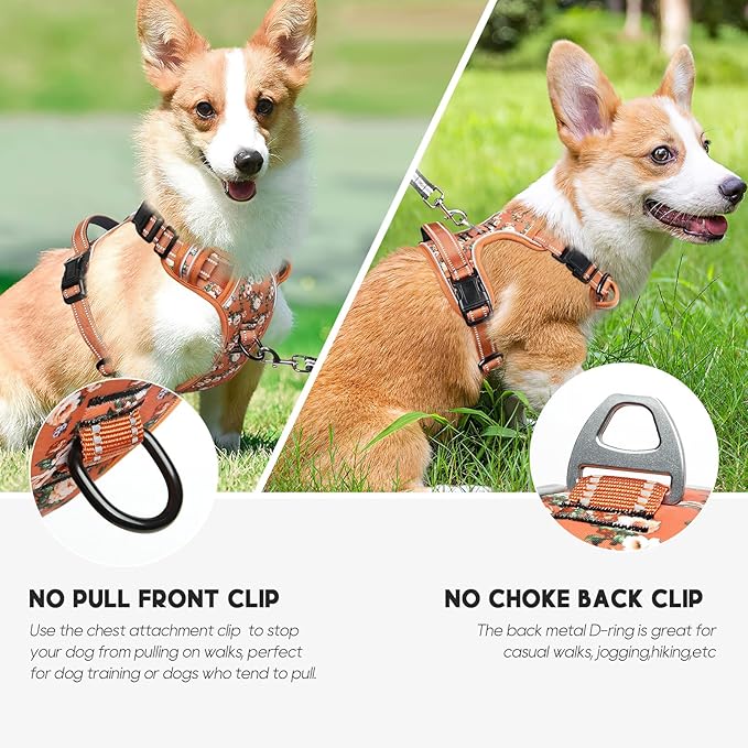 Timos Dog Harness, No Pull Dog Harness 3 Snap Buckles Adjustable Reflective No Choke Pet Vest for Small Dog with Soft Padded Control Training Handle for Outdoor Training,Flower Orange, XS Timos