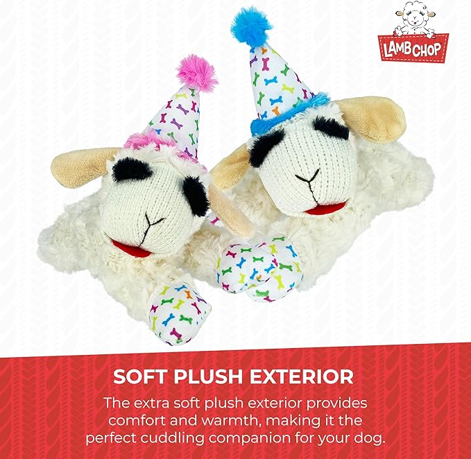 Multipet Lamb Chop Dog Plush Toy w/Birthday Hat - Squeaky Dog Toy for All Dogs - Soft Plush Dog Toy - Stuffed Animal Dog Toy for Playing - Cute Dog Birthday Toy (10.5”, Blue Hat, 5 Squeakers) - PAWPICO