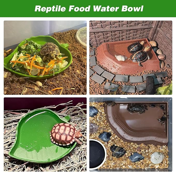 4PCS Tortoise Food Water Bowl with Ramp Leaf Tortoise Feeding Dish Reptile Bathing Pool Reptile Food Water Dish Turtle Habitat Accessories Aquarium Ornament for Gecko, Snake, Turtle, Bearded Dragon RYPET