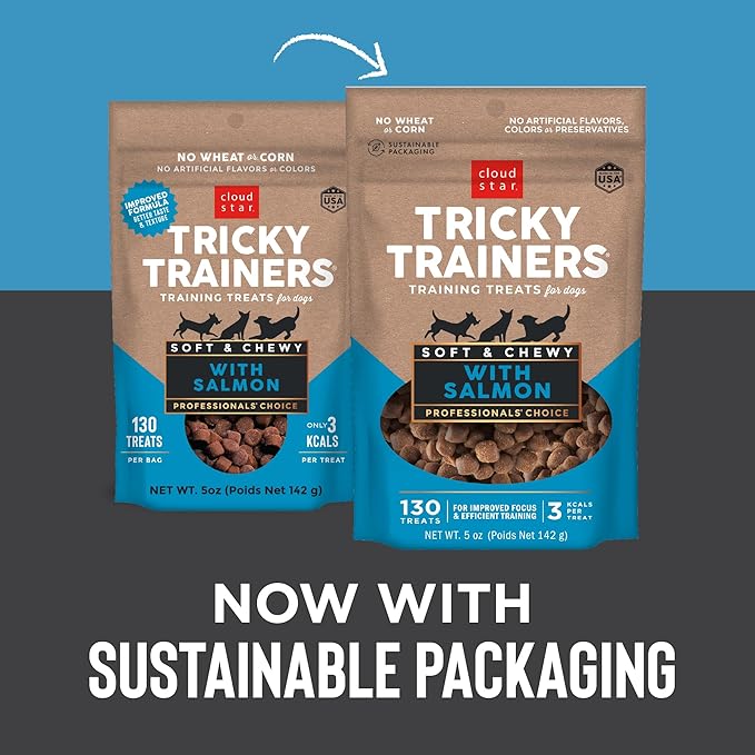 Cloud Star Tricky Trainers Soft & Chewy Dog Training Treats 5 oz Pouch, Salmon Flavor, Low Calorie Behavior Aid with 130 treats - PAWPICO