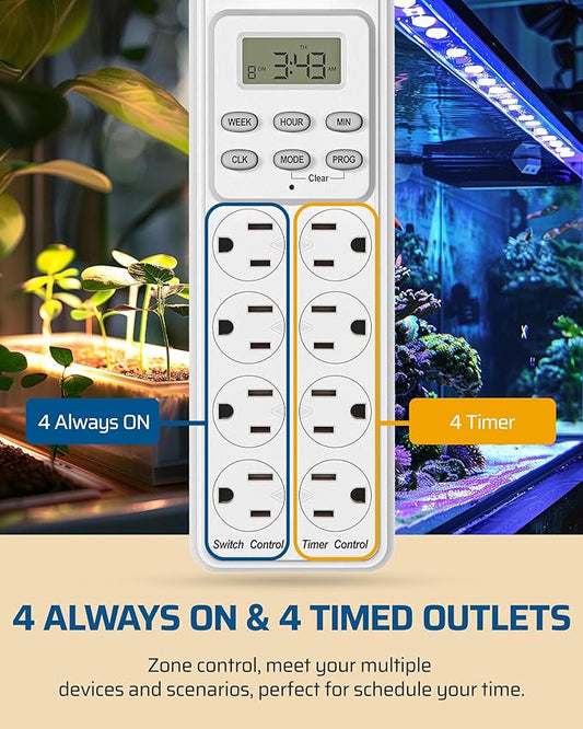 DEWENWILS 8 Outlet Power Strip with Timer (4 Timed/4 Always On), Indoor Digital Timer Outlet for Reptile Light, Turtle Grow Light, Bearded Dragon Tank, Aquarium, 6ft Flat Plug Cord, 15A, UL Listed DEWENWILS