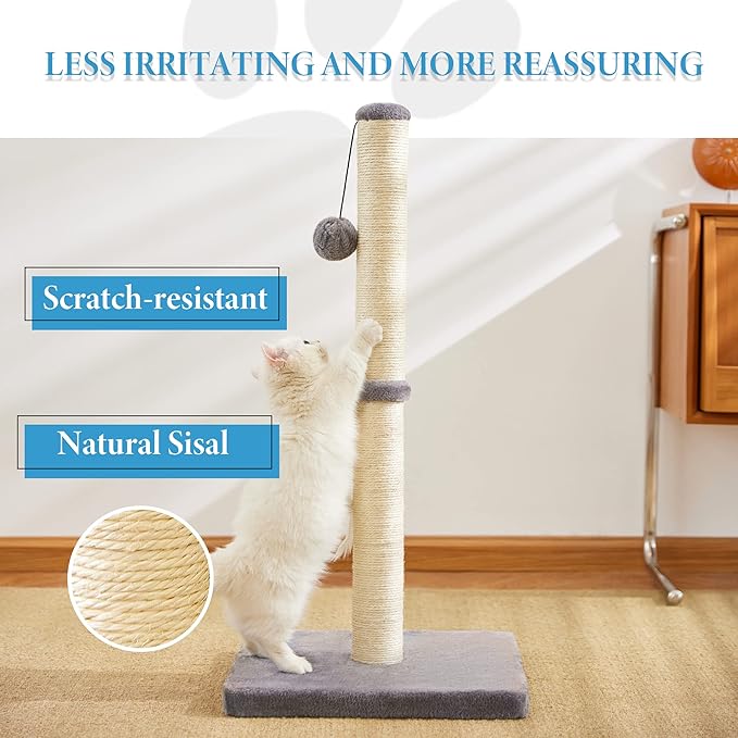 MeowHomm 32'' Tall Cat Scratching Post Cat Scratcher with Hanging Ball, Durable Cat Scratching Post for Indoor with Sisal Rope (Gray) - PAWPICO