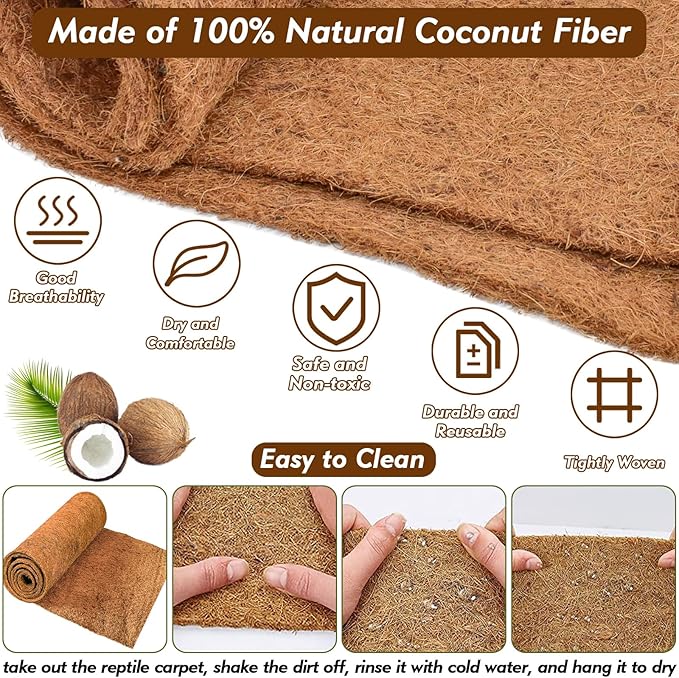 ZeeDix 3 Rolls Coconut Fiber Reptile Substrate Mat, 24 x 48 inches Natural Coco Mat Reptile Carpet Coco Fiber Liner Turtle Bedding Reptile Terrarium Liner for Lizard Snake Turtle Gecko Bearded Dragon ZeeDix