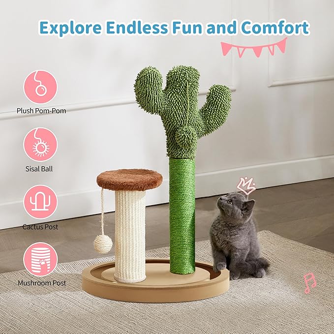 Made4Pets Cat Scratching Post, 21.7" Cactus Kitten Scratcher for Indoor Cats, Mushroom Cute Cat Tree with Sisal Scratch Post, Interactive Game Track Balls with Sturdy Wood Base for Small Kitty - PAWPICO