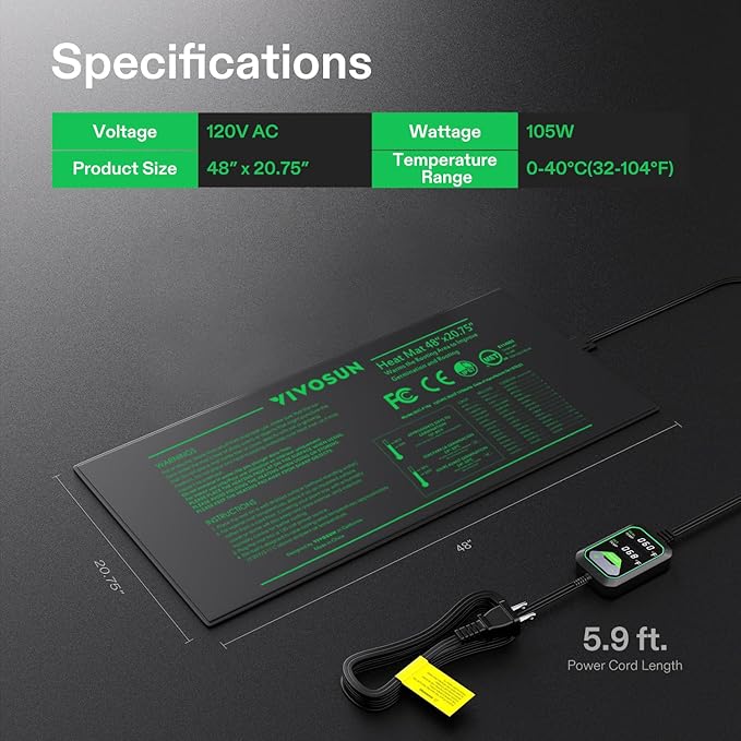 VIVOSUN 48"x20.75" Seedling Heat Mat with Built-in Temperature Controller, UL & MET-Certified Waterproof Plant Heating Pad for Germination, Hydroponics, Brewing, Breeding, and Greenhouses VIVOSUN