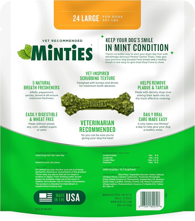 Minties Dental Chews for Dogs, 24 Count, Vet-Recommended Mint-Flavored Dental Treats for Large Dogs Over 50 lbs, Dental Bones Clean Teeth, Fight Bad Breath, and Removes Plaque and Tartar Minties